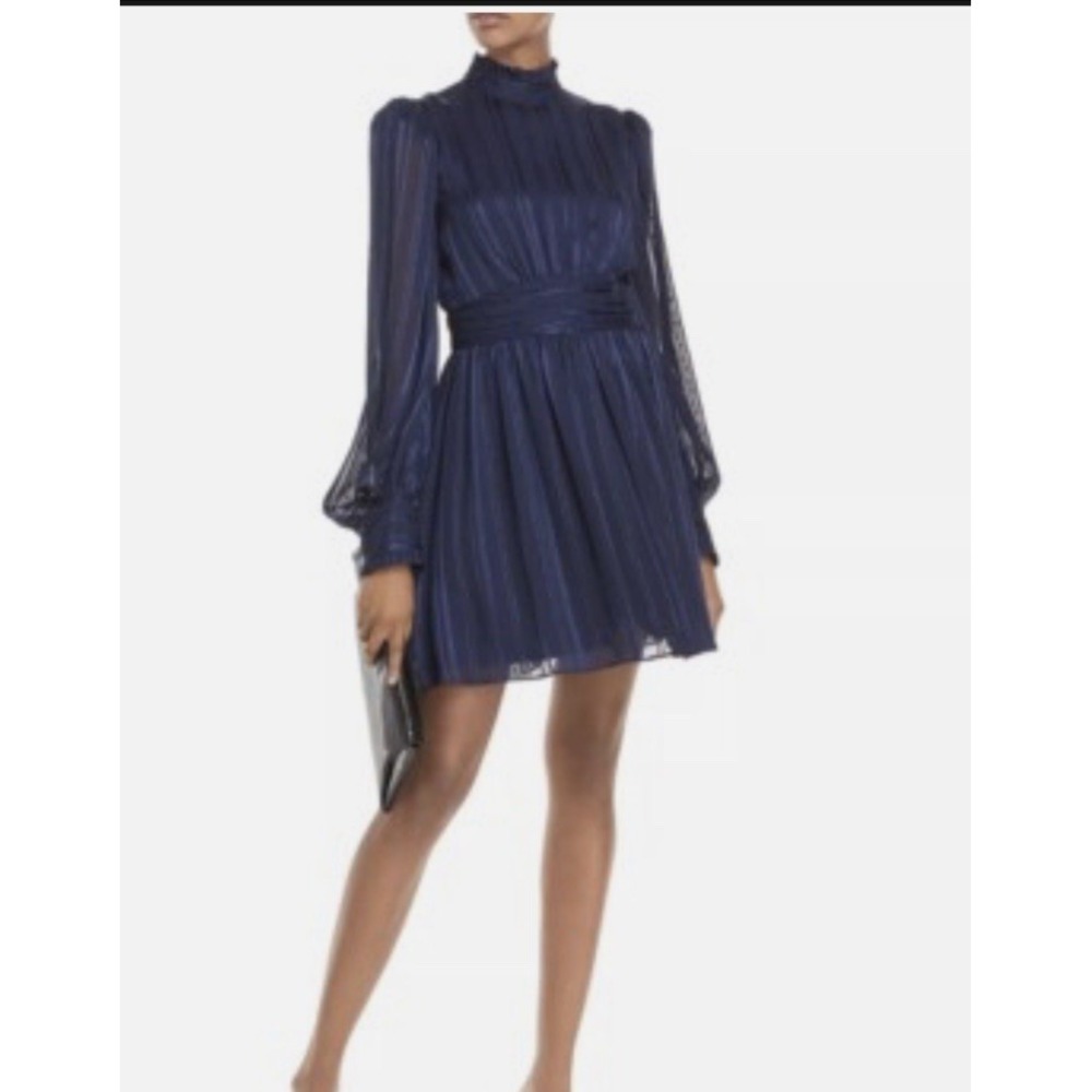 Aqua Women's Dress Navy Blue Lined Mock-Neck A-Line size S Sheers Sleeves